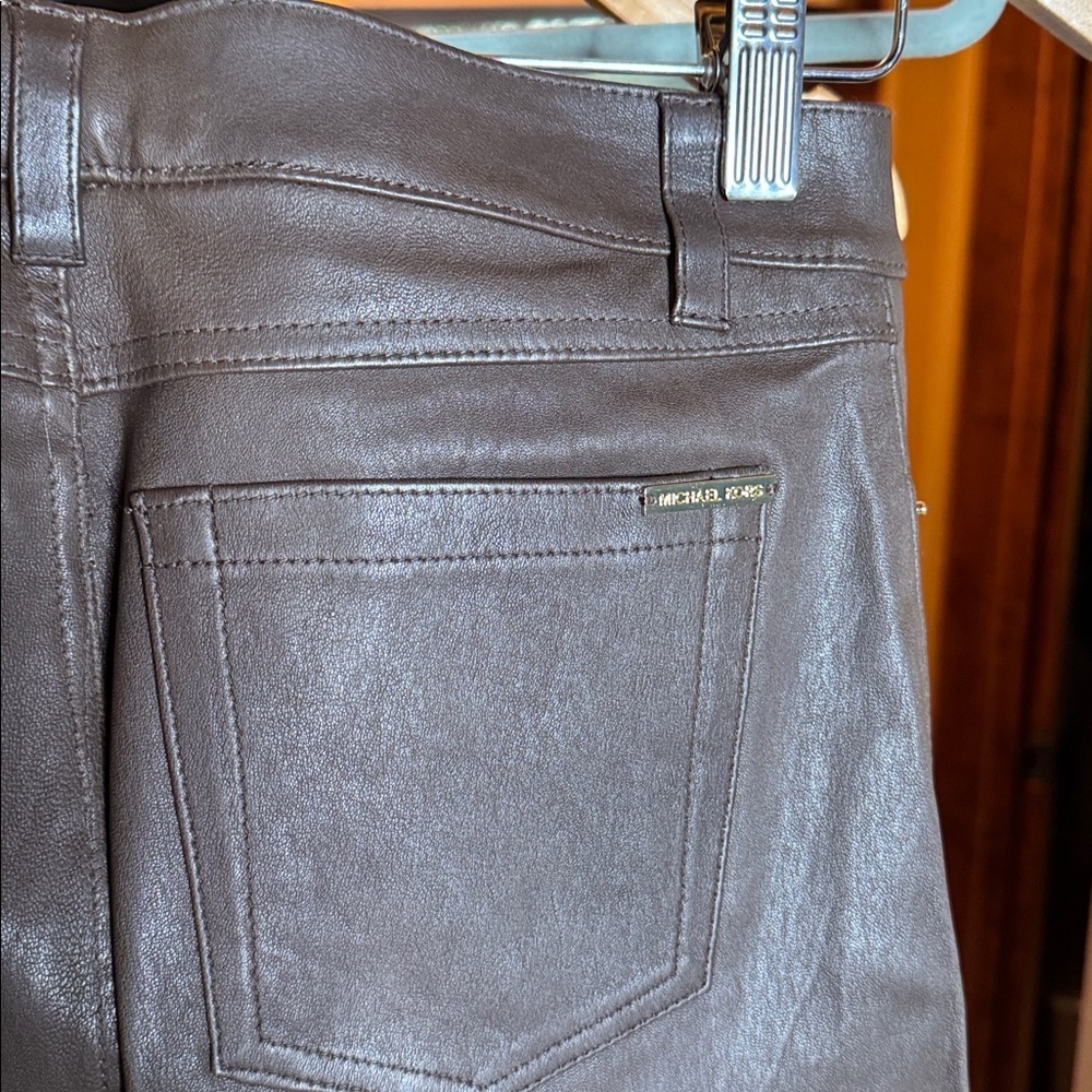 NWT MICHAEL MICHAEL KORS Straight-Leg Lamb Leather Pants Chocolate Brown Size 2 - Picture 10 of 16